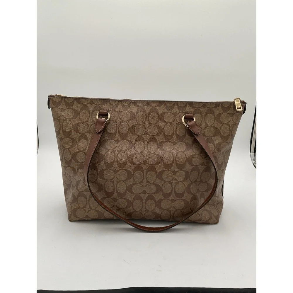 Coach Signature Zip Top Tote Bag Brown Khaki Canvas Leather Shoulder Purse